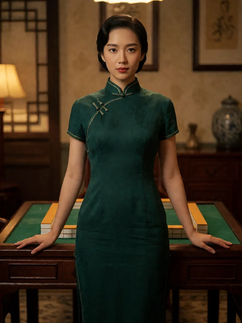 《色，戒》谍战题材示意图：虚构成年女子穿深绿色旗袍站在复古上海室内，非影片剧照