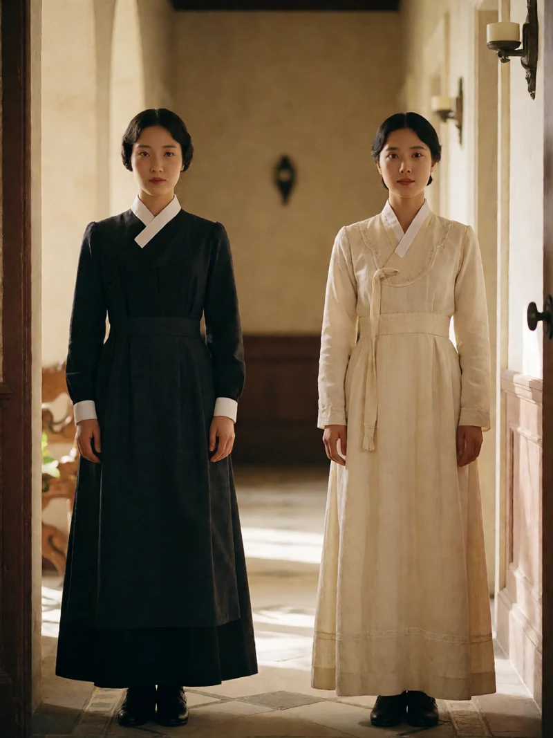《小姐》骗局题材示意图：两名虚构成年女子身穿端庄复古服装站在庄园走廊，非影片剧照