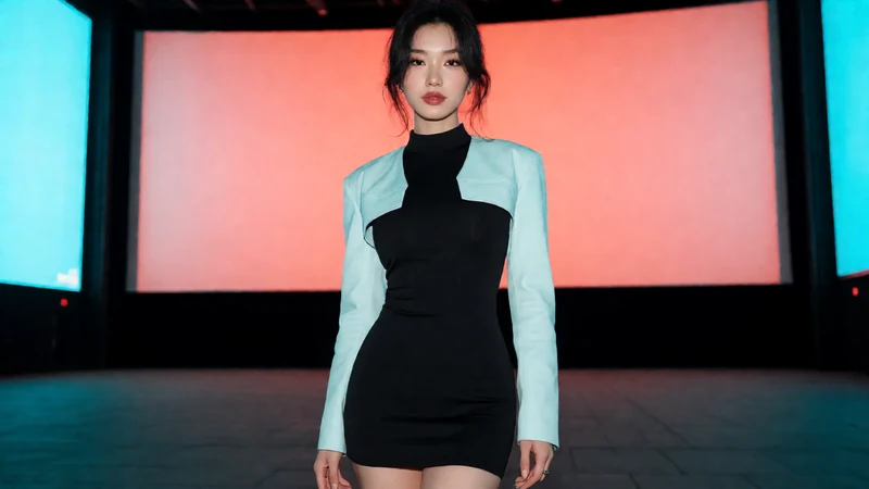 91电影成人片单主题图:虚构成年女子穿黑色时装站在露天放映场的亮色海报墙前