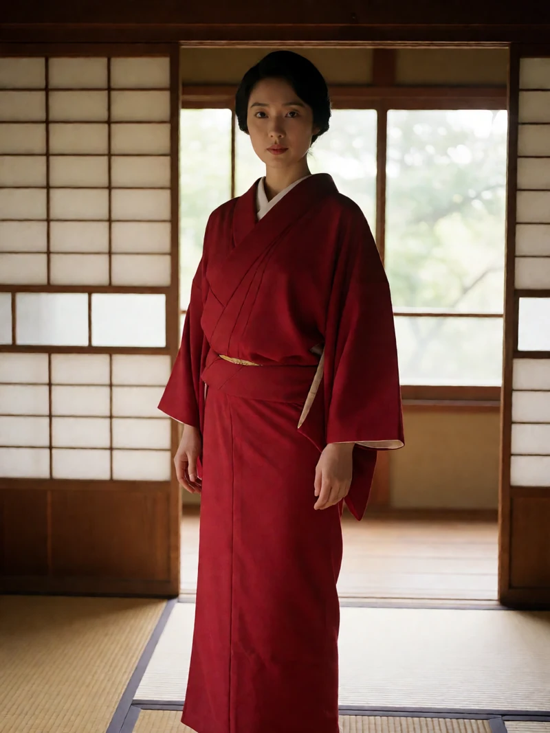 《感官世界》日式情欲题材示意图：虚构成年女子穿红色和服站在昭和风格室内，非影片剧照